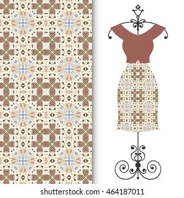 Vector fashion illustration. Women's dress on a hanger and seamless floral geometric pattern with hand drawn repeating texture. Isolated element for fabric print, scrapbook or invitation cards design.