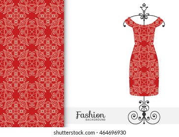 Vector fashion illustration. Women's dress on a hanger and seamless floral geometric pattern with hand drawn repeating texture. Isolated element for fabric print, scrapbook or invitation cards design.