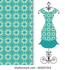 Vector fashion illustration. Women's dress on a hanger and seamless floral geometric pattern with hand drawn repeating texture. Isolated element for fabric print, scrapbook or invitation cards design.