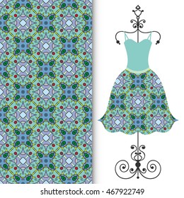 Vector fashion illustration. Women's dress on a hanger and seamless floral geometric pattern with hand drawn repeating texture. Isolated element for fabric print, scrapbook or invitation cards design.