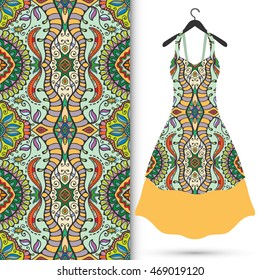 Vector fashion illustration. Women's dress on a hanger and seamless floral geometric pattern with hand drawn repeating texture. Isolated element for fabric print, scrapbook or invitation cards design.