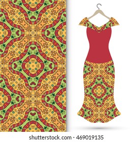 Vector fashion illustration. Women's dress on a hanger and seamless floral geometric pattern with hand drawn repeating texture. Isolated element for fabric print, scrapbook or invitation cards design.