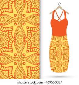Vector fashion illustration. Women's dress on a hanger and seamless floral geometric pattern with hand drawn repeating texture. Isolated element for fabric print, scrapbook or invitation cards design.