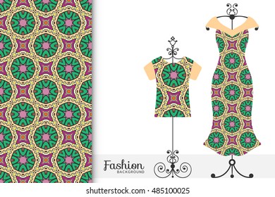 Vector fashion illustration. Women's dress and t-shirt on a hanger with seamless geometric pattern. Isolated elements for fabric print, scrapbook or invitation cards design.
