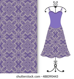 Vector fashion illustration. Women's dress on a hanger and seamless floral geometric pattern with hand drawn repeating texture. Isolated element for fabric print, scrapbook or invitation cards design.