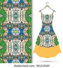 Vector fashion illustration. Women's dress on a hanger and seamless floral geometric pattern with hand drawn repeating texture. Isolated element for fabric print, scrapbook or invitation cards design.