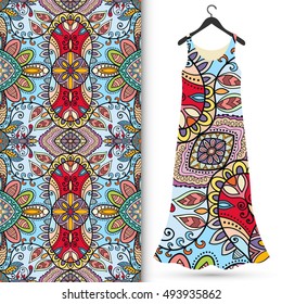 Vector fashion illustration. Women's dress on a hanger and seamless floral geometric pattern with hand drawn repeating texture. Isolated element for fabric print, scrapbook or invitation cards design.