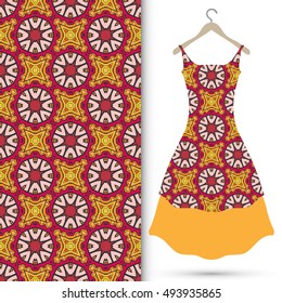 Vector fashion illustration. Women's dress on a hanger and seamless floral geometric pattern with hand drawn repeating texture. Isolated element for fabric print, scrapbook or invitation cards design.