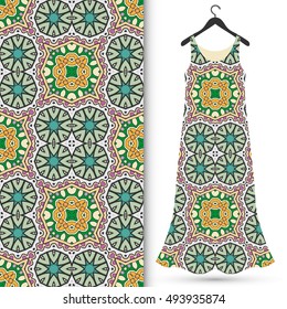 Vector fashion illustration. Women's dress on a hanger and seamless floral geometric pattern with hand drawn repeating texture. Isolated element for fabric print, scrapbook or invitation cards design.