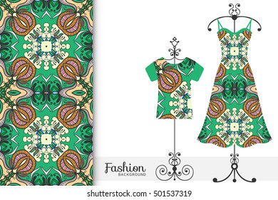 Vector fashion illustration. Women's dress and t-shirt on a hanger with seamless geometric pattern. Isolated elements for fabric print, scrapbook or invitation cards design.