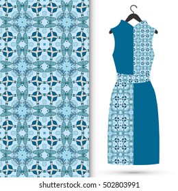 Vector fashion illustration. Women's dress on a hanger and seamless floral geometric pattern with hand drawn repeating texture. Isolated element for fabric print, scrapbook or invitation cards design.