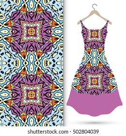 Vector fashion illustration. Women's dress on a hanger and seamless floral geometric pattern with hand drawn repeating texture. Isolated element for fabric print, scrapbook or invitation cards design.