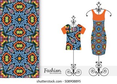 Vector fashion illustration. Women's dress and t-shirt on a hanger with seamless geometric pattern. Isolated elements for fabric print, scrapbook or invitation cards design.