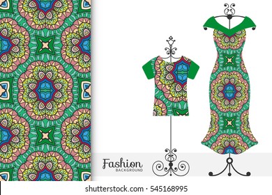 Vector fashion illustration. Women's dress and t-shirt on a hanger with seamless geometric pattern. Isolated elements for fabric print, scrapbook or invitation cards design.