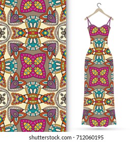 Vector fashion illustration. Women's dress on a hanger and seamless hand drawn pattern for fabric textile, paper print. Isolated colorful dress and seamless background, fashion collection