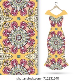 Vector fashion illustration. Women's dress on a hanger and seamless hand drawn pattern for fabric textile, paper print. Isolated colorful dress and seamless background, fashion collection