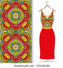 Vector fashion illustration. Women's dress on a hanger and seamless hand drawn pattern for fabric textile, paper print. Isolated colorful dress and seamless background, fashion collection