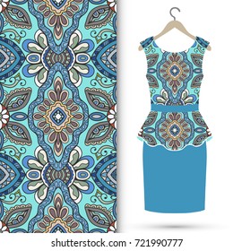 Vector fashion illustration. Women's dress on a hanger and seamless hand drawn pattern for fabric textile, paper print. Isolated colorful dress and seamless background, fashion collection