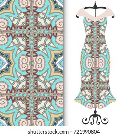 Vector fashion illustration. Women's dress on a hanger and seamless hand drawn pattern for fabric textile, paper print. Isolated colorful dress and seamless background, fashion collection