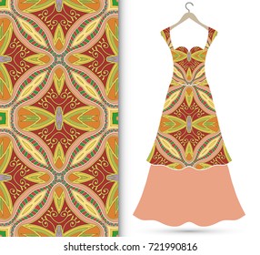Vector fashion illustration. Women's dress on a hanger and seamless hand drawn pattern for fabric textile, paper print. Isolated colorful dress and seamless background, fashion collection