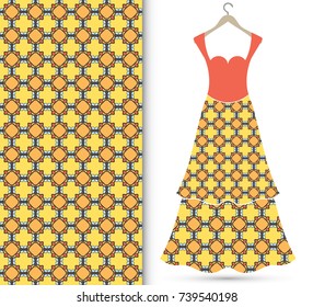 Vector fashion illustration. Women's dress on a hanger and seamless geometric pattern with repeating texture. Isolated element for fabric print, scrapbook or invitation cards design.