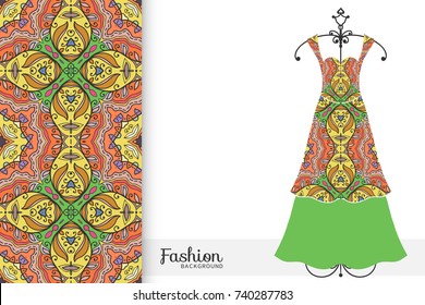 Vector fashion illustration. Women's dress on a hanger and seamless hand drawn pattern for fabric textile, paper print. Isolated colorful dress and seamless background, fashion collection