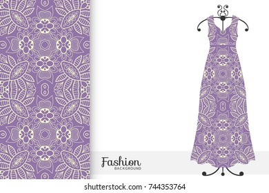 Vector fashion illustration. Women's dress on a hanger and seamless hand drawn pattern for fabric textile, paper print. Isolated colorful dress and seamless background, fashion collection