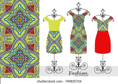 Vector fashion illustration, women's dress collection on a hanger, hand drawn vertical seamless lace pattern, isolated design elements for Invitations or Cards, fabric or paper prints