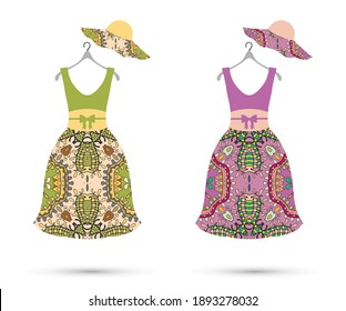 Vector fashion illustration, women's dresses on a hanger. Colorful doodle geometric fabric pattern. Trendy dress mock up collection. Isolated elements on white background. 