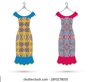Vector fashion illustration, women's dresses on a hanger. Colorful doodle geometric fabric pattern. Trendy dress mock up collection. Isolated elements on white background. 