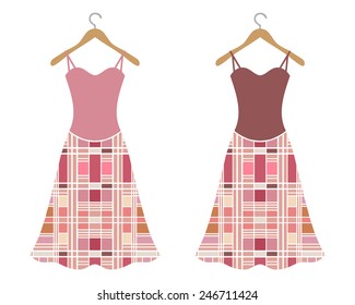 Vector fashion illustration, women's dresses on a hanger, trendy geometric pattern, isolated elements for invitation card design