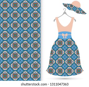 Vector fashion illustration. Women's hat and dress model on a hanger and colorful seamless pattern for textile fabric or paper print. Party dress design, Summer cloth collection, isolated elements