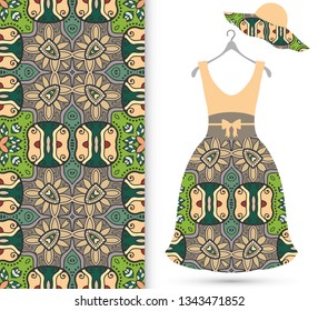 Vector fashion illustration. Women's hat and dress model on a hanger and colorful seamless pattern for textile fabric or paper print. Party dress design, Summer cloth collection, isolated elements