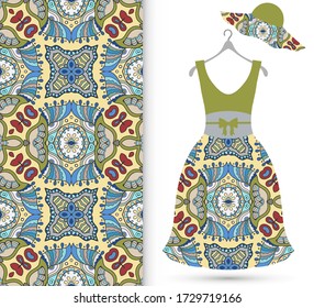 Vector fashion illustration. Women's hat,  dress model on a hanger and colorful seamless pattern for textile fabric or paper print. Party dress design, Summer cloth collection, isolated elements