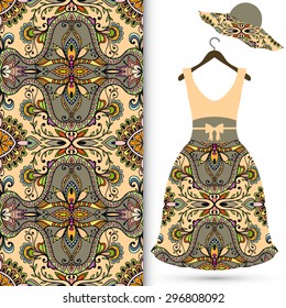 Vector fashion illustration, women's hat dress on a hanger, hand drawn seamless arabic ornamental background, lace pattern, isolated elements for scrapbook, invitation or greeting card design