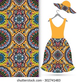Vector fashion illustration, women's hat and dress on a hanger with seamless floral and geometric pattern, isolated elements for scrapbook, invitation or greeting card design, fabric repeating texture