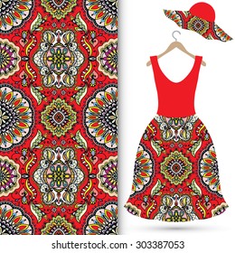 Vector fashion illustration, women's hat and dress on a hanger with seamless floral and geometric pattern, isolated elements for scrapbook, invitation or greeting card design, fabric repeating texture