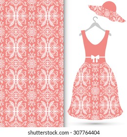 Vector fashion illustration, women's hat and dress on a hanger, hand drawn seamless geometric pattern, isolated elements for invitation card design. Seamless fabric texture