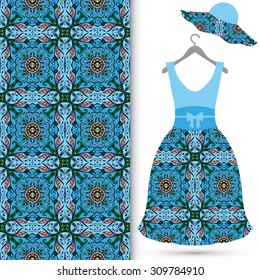 Vector fashion illustration, women's hat and dress on a hanger, hand drawn seamless floral and geometric pattern, isolated elements for invitation card design. Seamless fabric texture