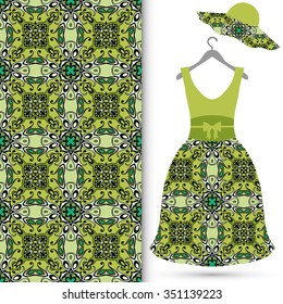 Vector fashion illustration. Women's hat and dress on a hanger and seamless pattern with repeating fabric texture. Hand drawn isolated elements for scrapbook, invitations or cards design.