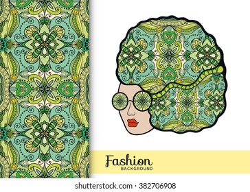 Vector fashion illustration of Women's head and seamless tribal ethnic ornamental pattern. Girl with curly ornate hair and hipster sunglasses, elements for Invitations or Cards
