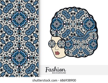 Vector fashion illustration of Women's head and seamless tribal ethnic ornamental pattern. Girl with curly ornate hair and hipster sunglasses, elements for Invitations or Cards