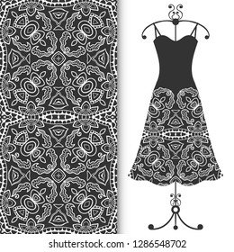 Vector fashion illustration. Women's lace dress model on a hanger and doodle line seamless pattern for textile fabric or paper print. Party dress design, Summer cloth collection, isolated elements