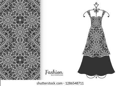 Vector fashion illustration. Women's lace dress model on a hanger and doodle line seamless pattern for textile fabric or paper print. Party dress design, Summer cloth collection, isolated elements