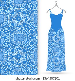 Vector fashion illustration. Women's lace dress model on a hanger and doodle lines seamless pattern for textile fabric or paper print. Party dress design, Summer cloth collection, isolated elements