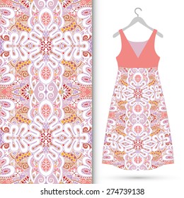 Vector fashion illustration, women's lace dress on a hanger, hand drawn geometric pattern, fabric repeating texture with tribal ethnic ornament, isolated elements for invitation greeting card design