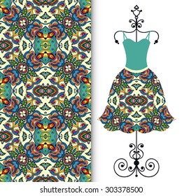 Vector fashion illustration, women's lace dress on a hanger with seamless floral and geometric pattern, isolated elements for scrapbook, invitation or greeting card design, fabric repeating texture
