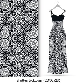 Vector fashion illustration, women's lace dress on a hanger, hand drawn seamless geometric pattern, isolated elements for invitation card design. Seamless fabric texture