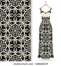 Vector fashion illustration, women's lace dress on a hanger, hand drawn seamless floral geometric pattern, isolated elements for invitation card design, repeating fabric texture