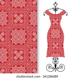 Vector fashion illustration. Women's lace dress on a hanger and seamless geometric pattern with repeating fabric texture. Hand drawn isolated elements for scrapbook, invitations or cards design.